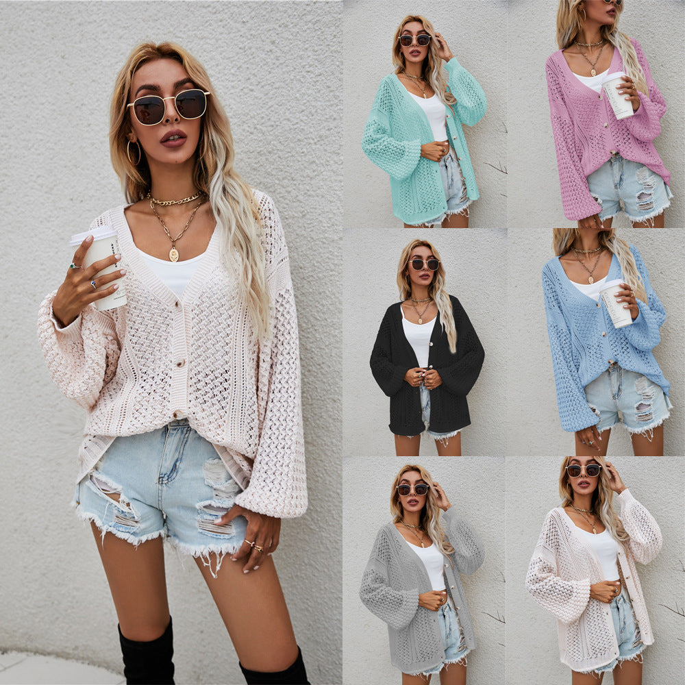 Hollow Personality V-neck Fashion Loose Cardigan Button Sweater Sweater