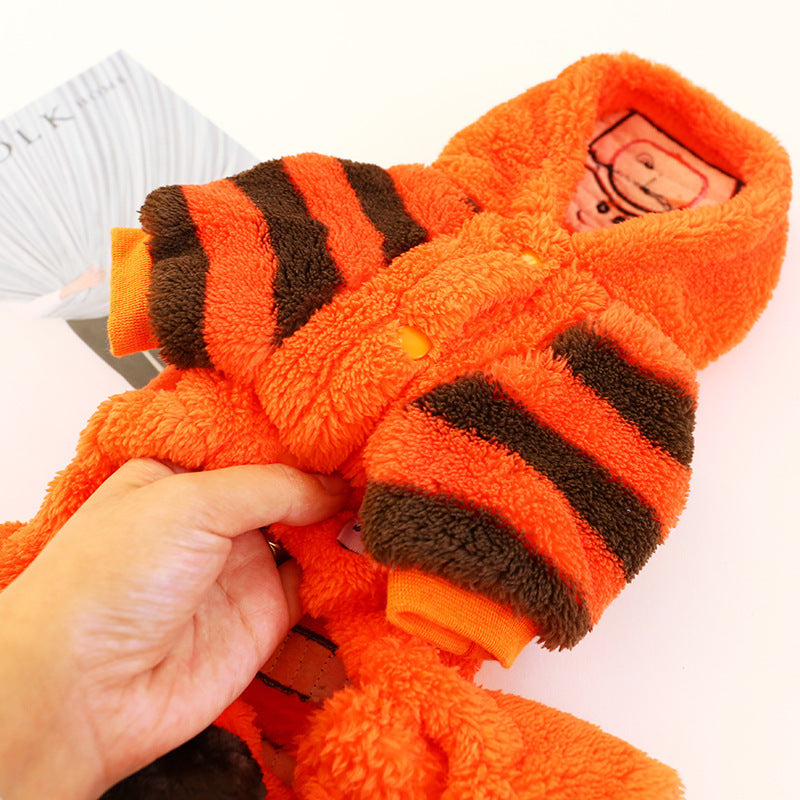 Autumn Winter Thermal Velvet Four-corner Clothes Orange Tiger Pet Costume Pet Clothes