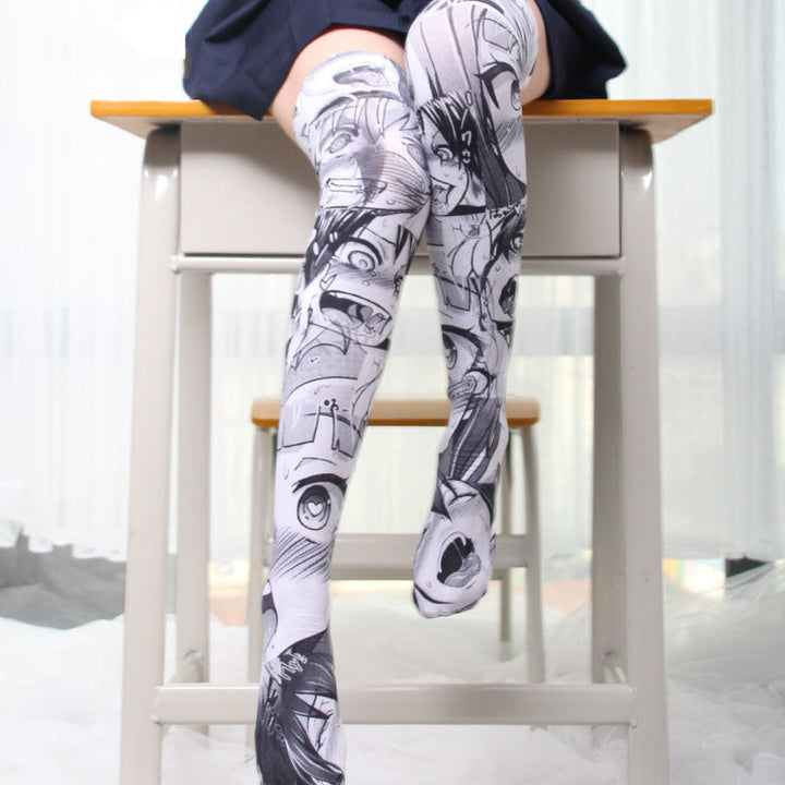 Long Velvet Anime Print Thigh Socks