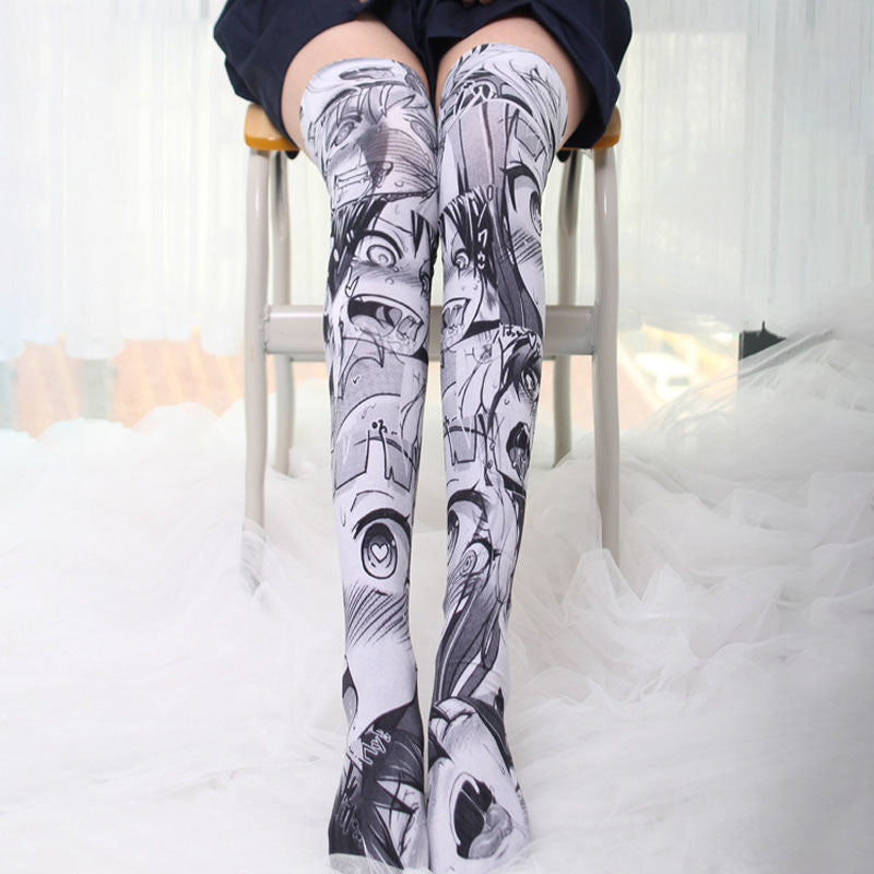 Long Velvet Anime Print Thigh Socks