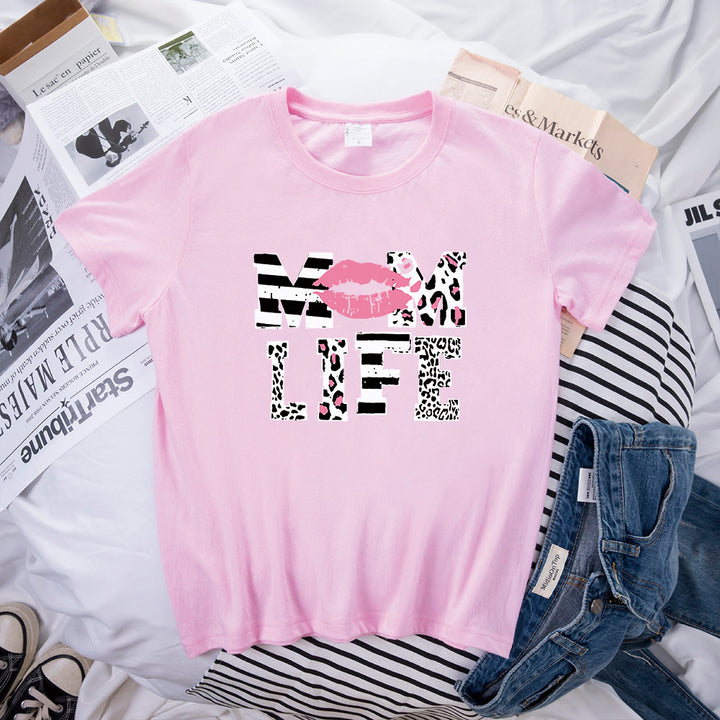 Mother's Day MOM LIFE Leopard Print Lip Printings Round Neck Short Sleeve T-shirt