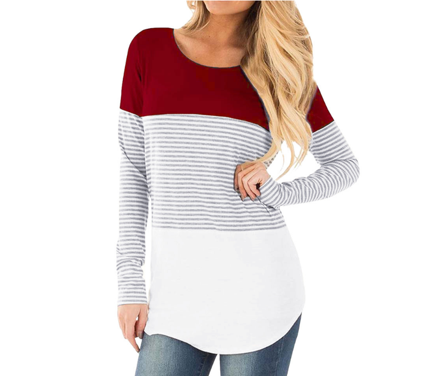 Striped stitching long sleeve pregnant women breastfeeding top T-shirt