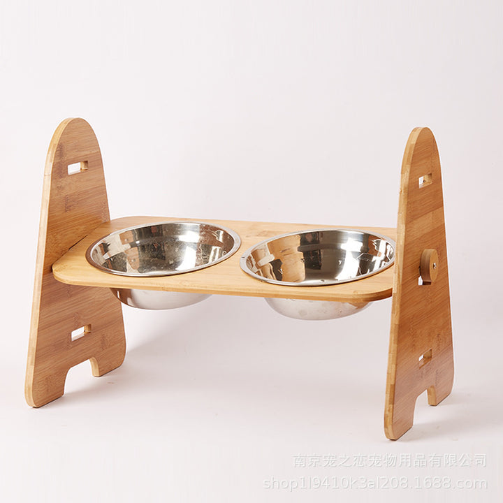 Medium And Large Dogs Dog Bowl Bamboo Stand Stainless Steel Double Bowl Pet Dog Bowl