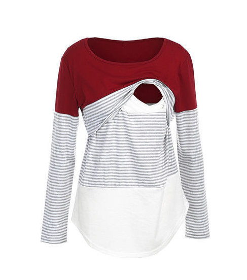 Striped stitching long sleeve pregnant women breastfeeding top T-shirt