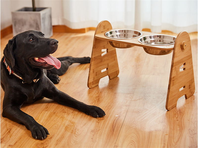 Medium And Large Dogs Dog Bowl Bamboo Stand Stainless Steel Double Bowl Pet Dog Bowl