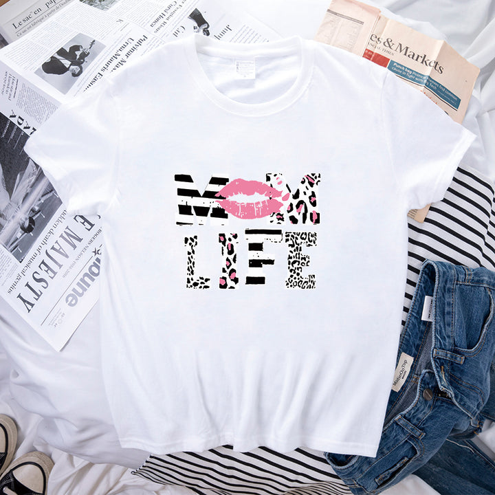 Mother's Day MOM LIFE Leopard Print Lip Printings Round Neck Short Sleeve T-shirt