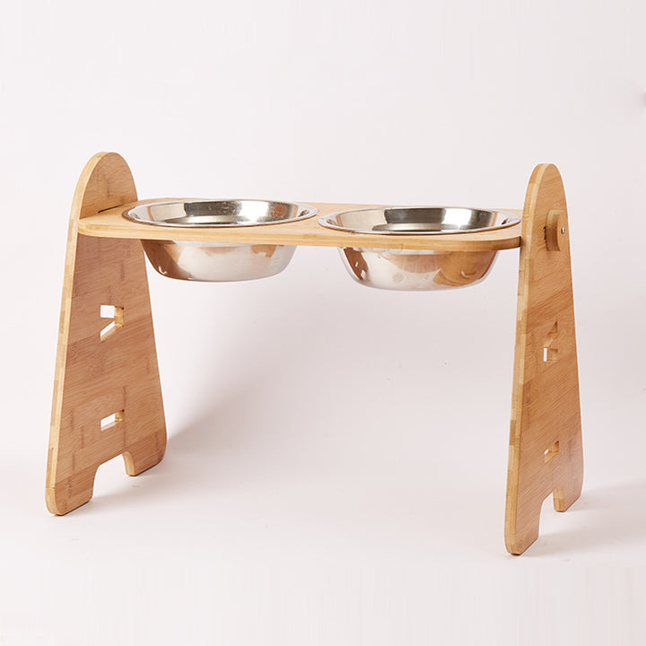 Medium And Large Dogs Dog Bowl Bamboo Stand Stainless Steel Double Bowl Pet Dog Bowl